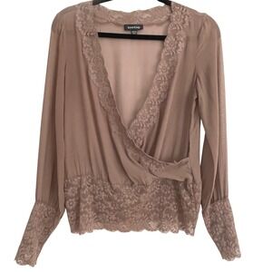 Bebe Womens Silk Lace Trim Wrap Blouse Mauve Taupe Long Sleeve V-Neck Medium